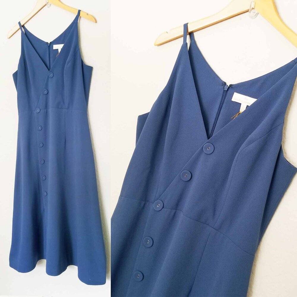 NEW Dress the Population Women's L Emily Midi Dress Graphite Blue Fit Flared NWT - Picture 3 of 11